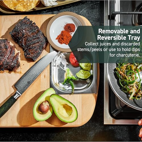 Tabla de cortar y tallar HexClad de madera de haya y bandeja de acero inox miniatura 6