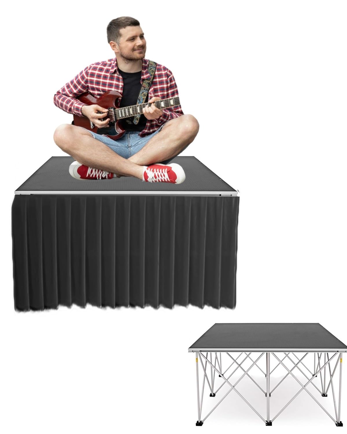 Kit de Escenario portátil para conciertos con faldón, Plataforma Modular Plegable para auditorios, miniescalera para cámara (99 x 99 cm, 40 cm de Alto). Fácil de Montar, Ligero y Duradero.
