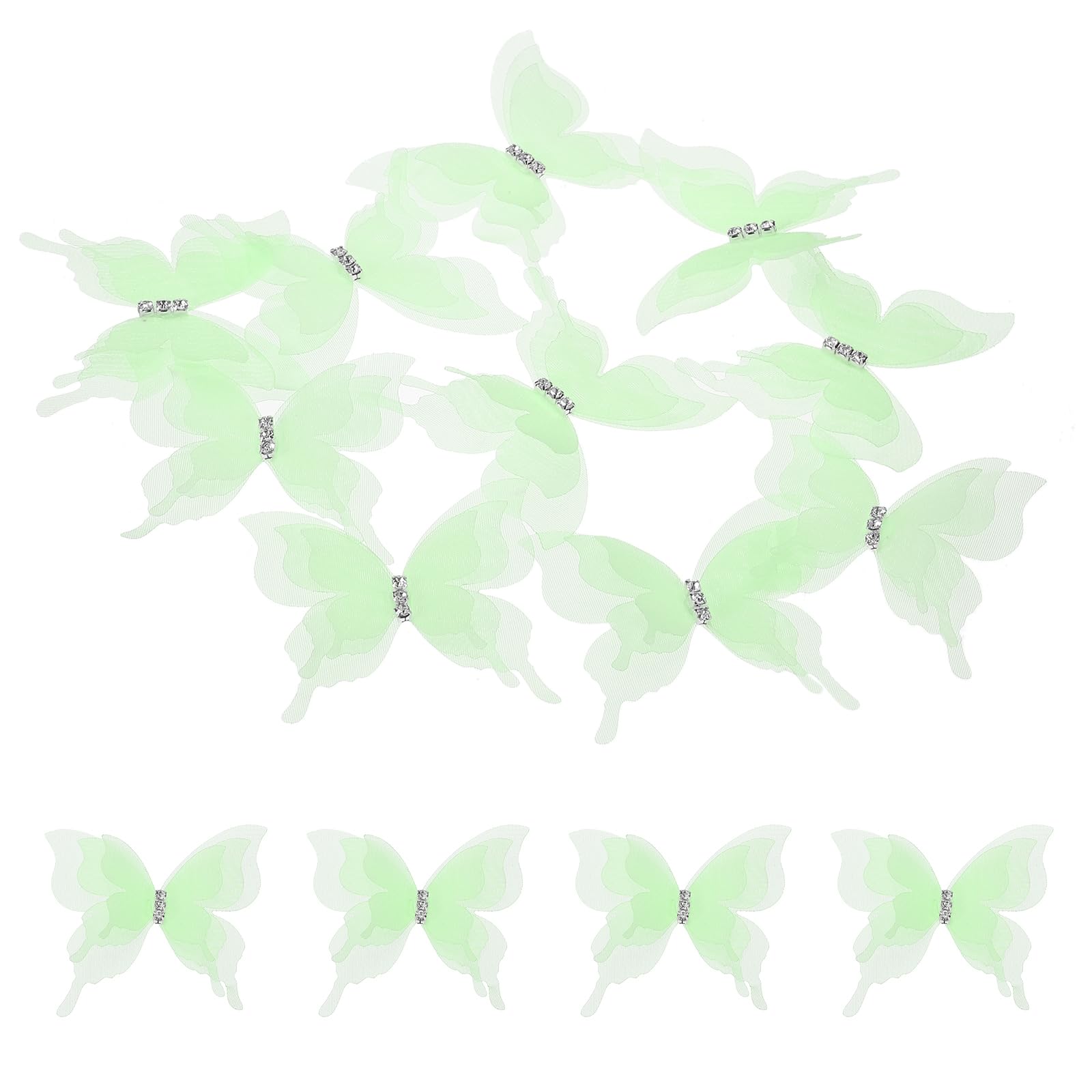 sourcing map 30Pcs Sheer Mesh Butterfly Appliques, 50mm Three Layers Butterflies with Gem Applique Patch DIY 3D Craft Ornament for Wedding Party Home Decor Clothes, Green