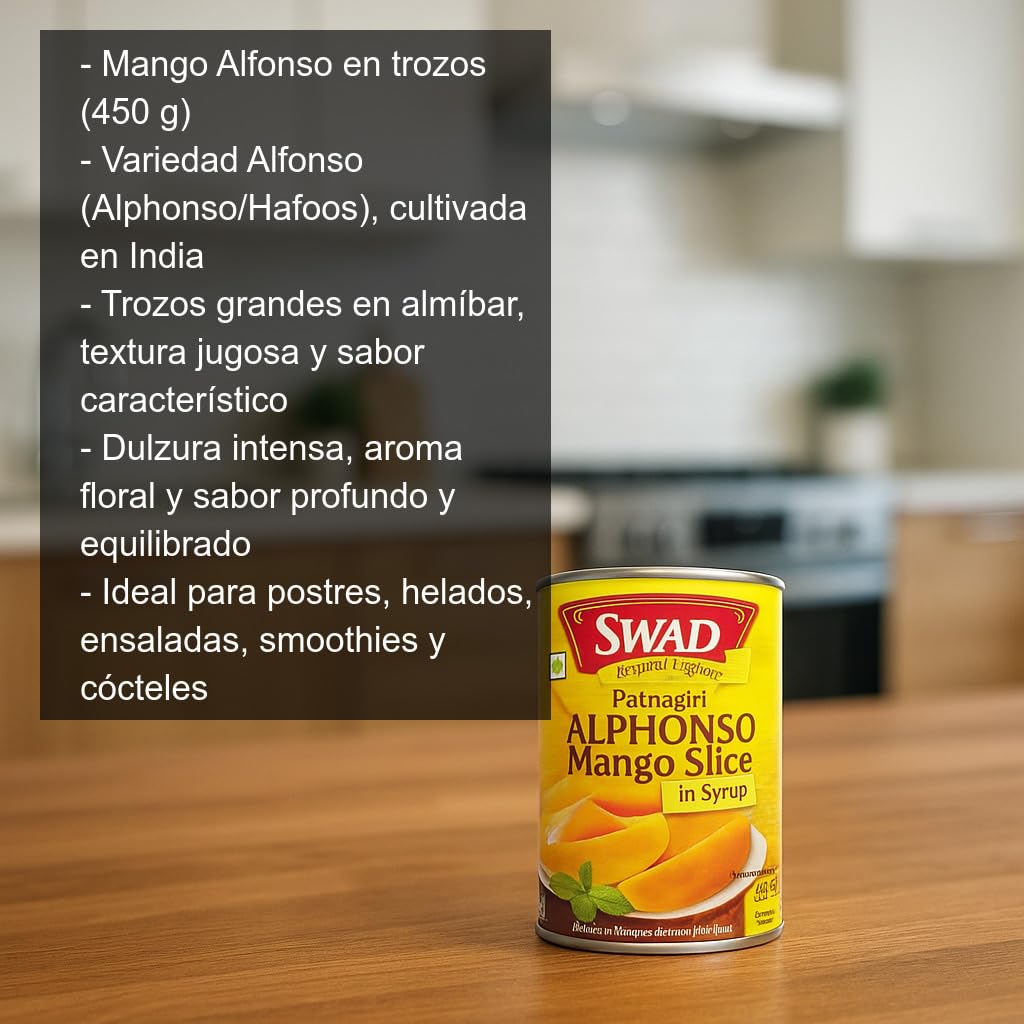 Mango Alphonso en trozos en almíbar 450 g Lata Mango de India dulce y aromático para postres smoothies y cócteles