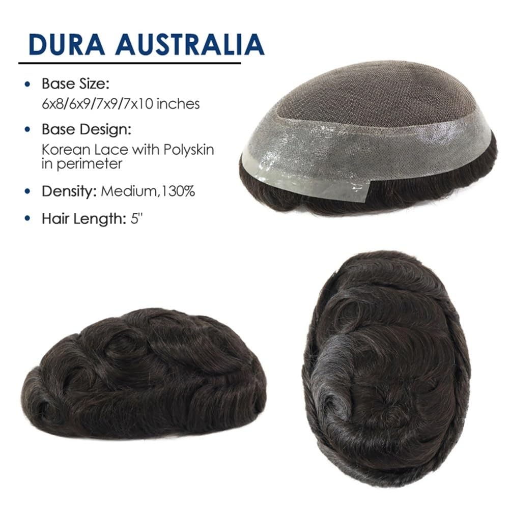Men's Toupee Protesi capillare con base in capelli umani for uomo, con parte superiore in pizzo e perimetro in polyskin.(7x9)