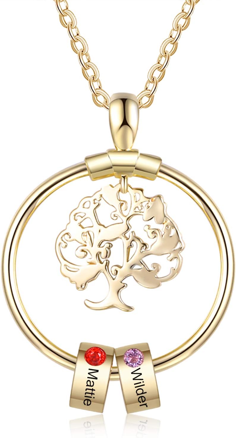 Personalized Tree of Life Necklace for Mom with 1-5 Simulated Birthstones Engraved Charm Bead Pendant Customized Family Name Necklace for Women Wife Daughter Grandma Jewelry Gift for Mother's Day
