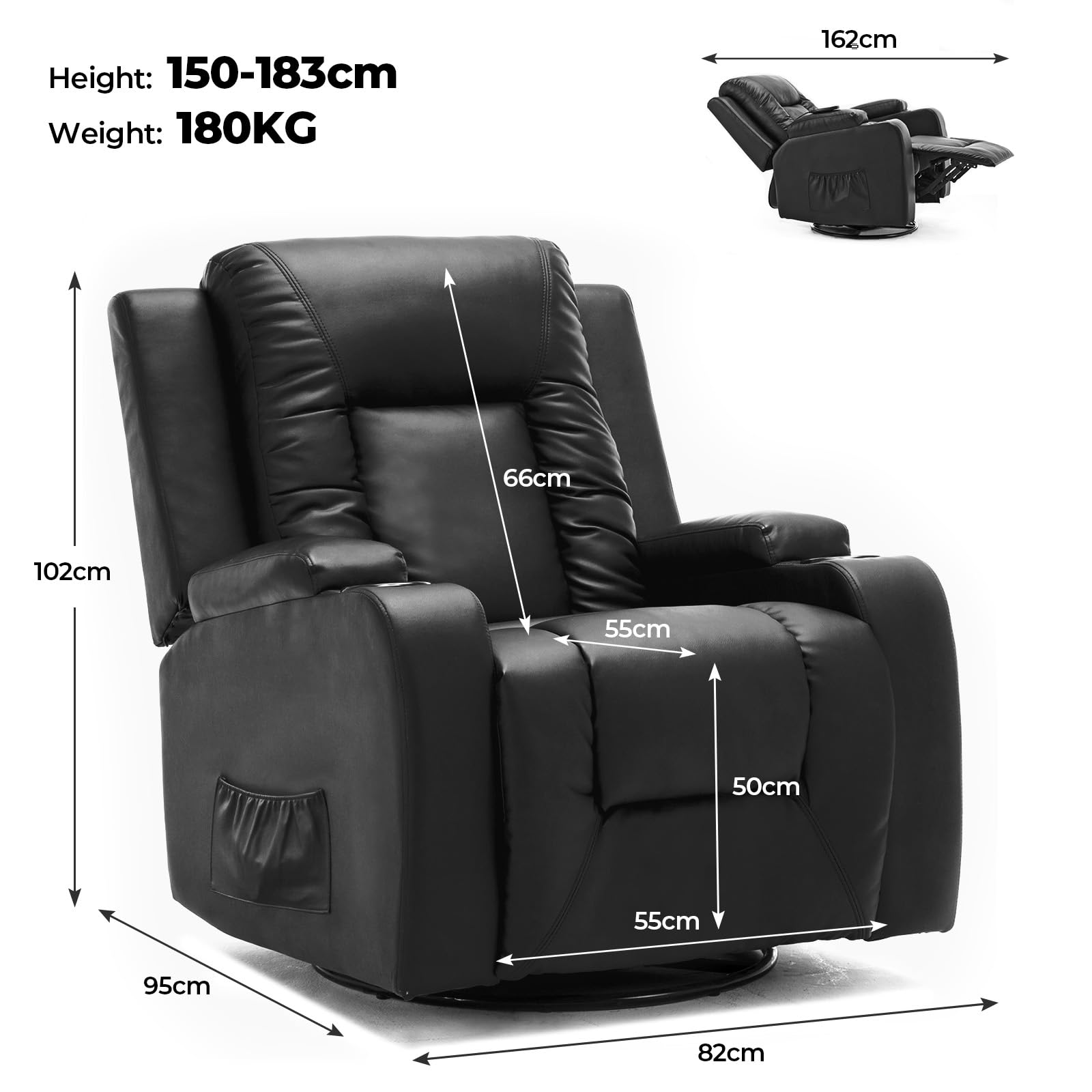 GTPLAYER Sillón de Relax con Respaldo Regulable y Reposapiés, Giratorio 360° en PU, Portavasos y Bolsillos Laterales, Silla Inclinable para TV, Silla de Lectura para Dormitorio, Negro