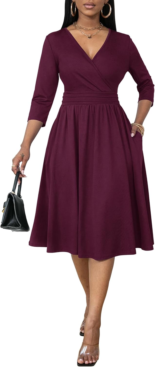 Nmoder Women's Wrap Dress Cocktail Church Wedding Midi Dress A-Line V Neck 3/4 Sleeve Casual Dresses with Pockets - Image 3