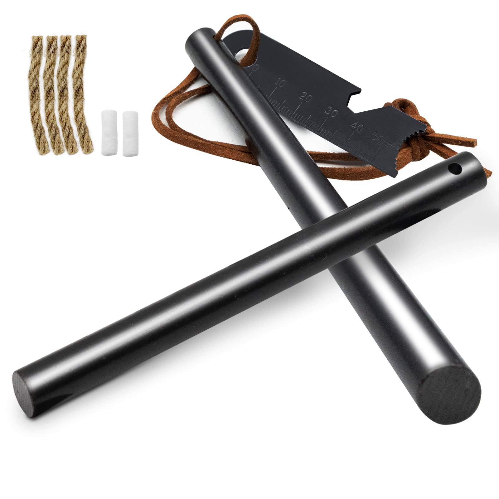Fire Starter Survival Tool, Ferro Rod Kit with Leather Neck Lanyard and Multi-Tool Striker, Flint and Steel Survival Igniter with Tinder Rope and Tab for Camping, Hiking and Emergency