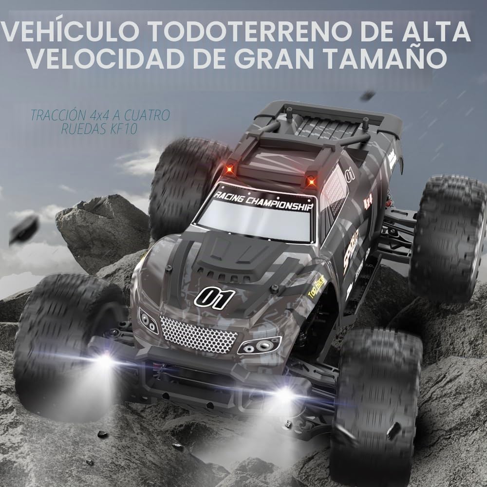 Coche teledirigido 50 km/h, 1/10 RC Alta Velocidad Todoterreno Drift Coche de Carreras, Motor de Alta Velocidad 2.4G 4WD Off Road Race Buggy para Adultos, 3 baterías (Gris)