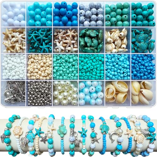 1960Pcs Ocean Beads for Bracelets Making Kit Blue and White Summer Beach Bead for Jewelry Making Sea Turtle Seashell Starfish Shape Beads 8mm Round Seed Bead for DIY Craft Bracelets Earring