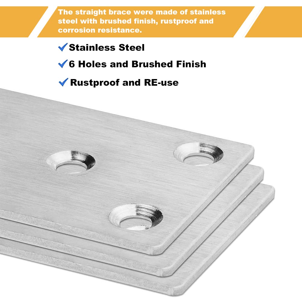 Paquete de 20 placas de unión de acero inoxidable de 3 x 1.5 pulgadas, placas de reparación plateadas, soporte plano, soporte recto de metal con tornillos para estantes de gabinetes de muebles
