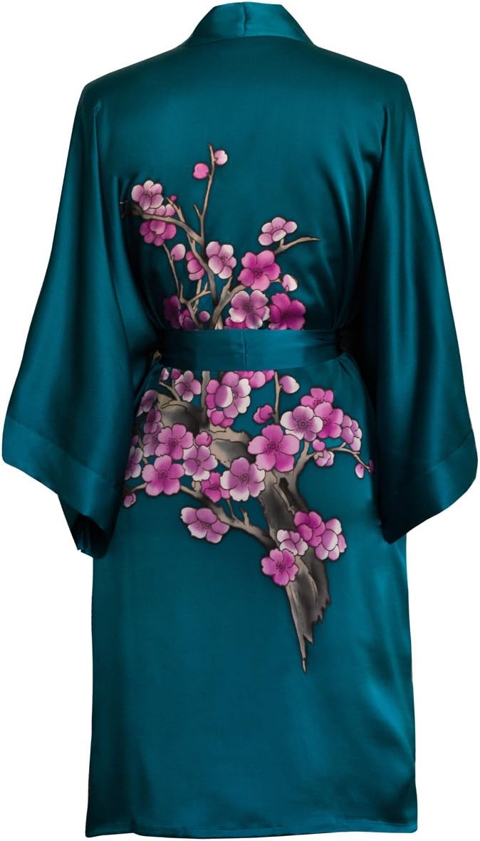 Old Shanghai Women's Silk Kimono Short Robe - Handpainted, Cherry Blossom Teal, One Size.