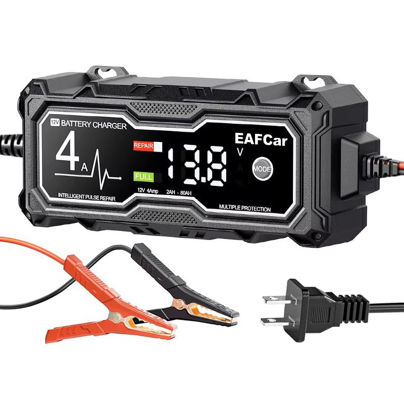 EAFCar Car Battery Charger 4-Amp, 12V Battery Charger Automotive, Trickle Charger for Car Battery - Smart Fully Battery Maintainer with Temperature