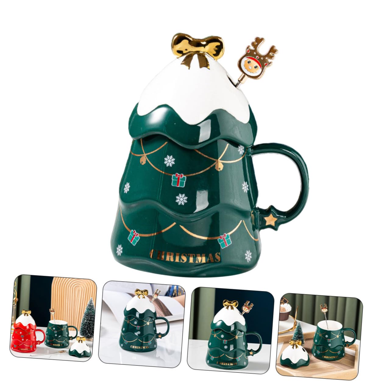 Taza de Cerámica Creativa Forma de Árbol de Navidad, Capacidad 500ml, Tapa y Cuchara para Café en Casa u Oficina