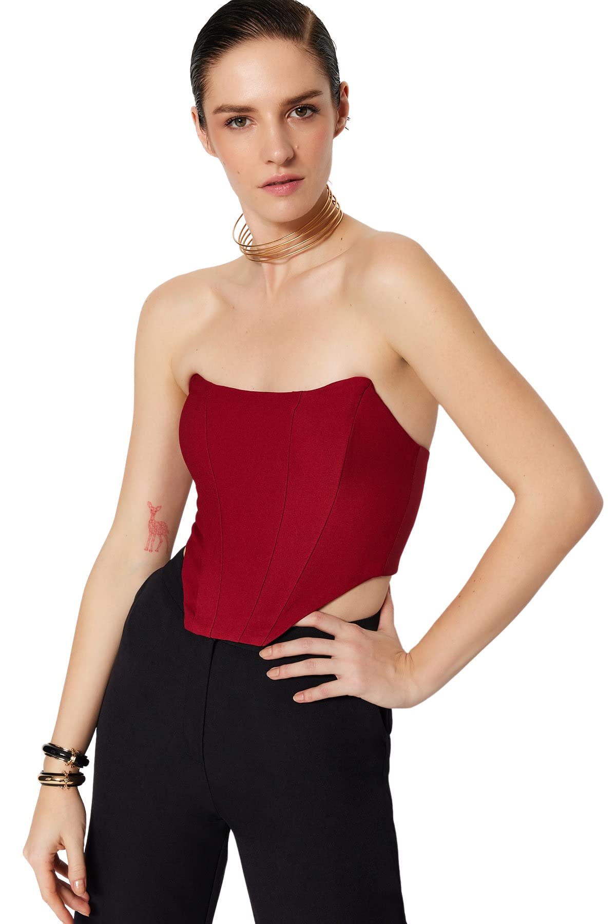 Trendyol Women's Burgundy Glam Regular Fit Off-Shoulder Strapless Woven Bustier,,34