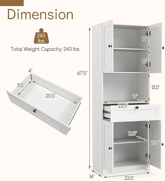 LOKO 67.5 Kitchen Pantry Cabinet, Freestanding Hutch Cabinet with 4 Doors & Adjustable Shelf, Tall Bathroom Floor Storage Cabinet for Living Room, Dining Room, Laundry (White)