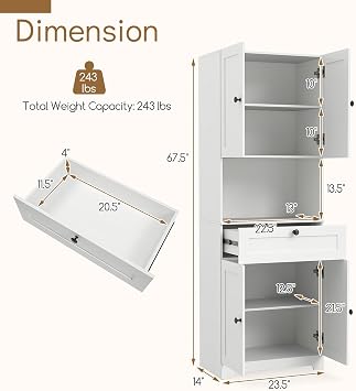 LOKO 67.5 Kitchen Pantry Cabinet, Freestanding Hutch Cabinet with 4 Doors & Adjustable Shelf, Tall Bathroom Floor Storage Cabinet for Living Room, Dining Room, Laundry (White)