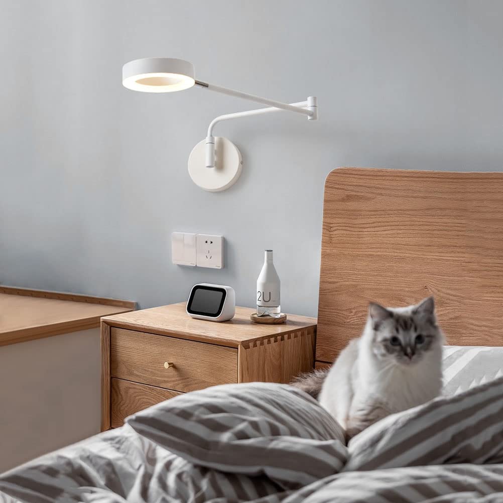 8W LED Wandlampe mit Schalter, Wandleuchte mit Stecker und Kabel Wand-Leselampe mit Verstellbarer arm 3000K-6000K Weiß Ring Acrylschirm Innen Schwenkbar Nachttischlampe LED Wandbeleuchtung Modern