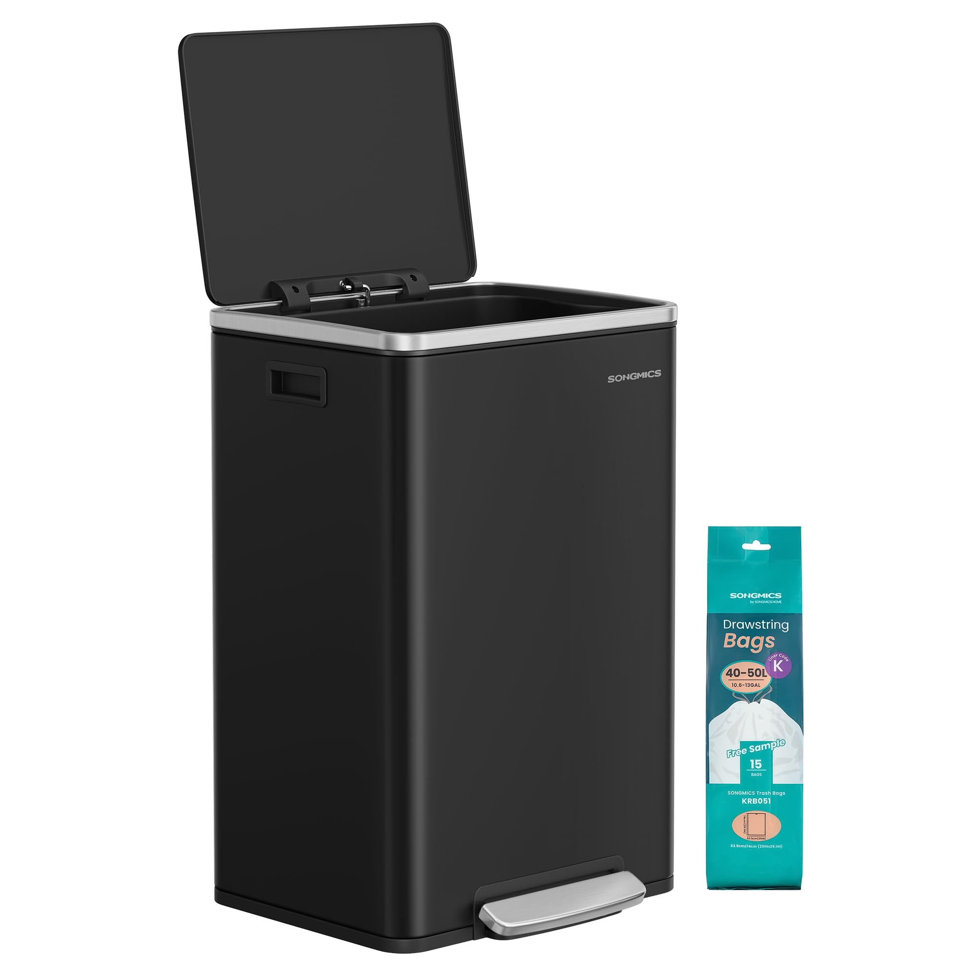 SONGMICS Kitchen Bin 13 Gallon (50 L), Waste Bin for Kitchen, Soft Close, Step-On Pedal, Stainless Steel, Inner Bucket, Matte Black LTB595B01