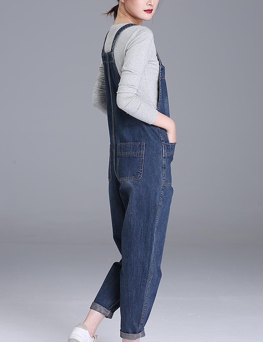 Mono vaquero holgado, para mujer, ajustable, para mujer, azul oscuro, M