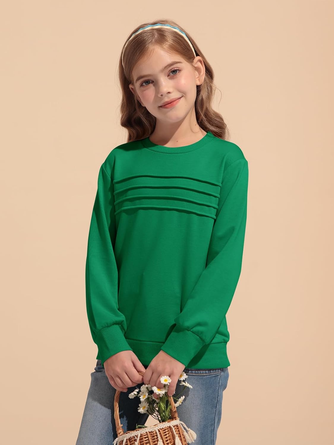 Haloumoning Kids Girls Crewneck Sweatshirt Casual Long Sleeve Pleated Front Casual Fall Pullover Tops 5-14 Years - Image 2