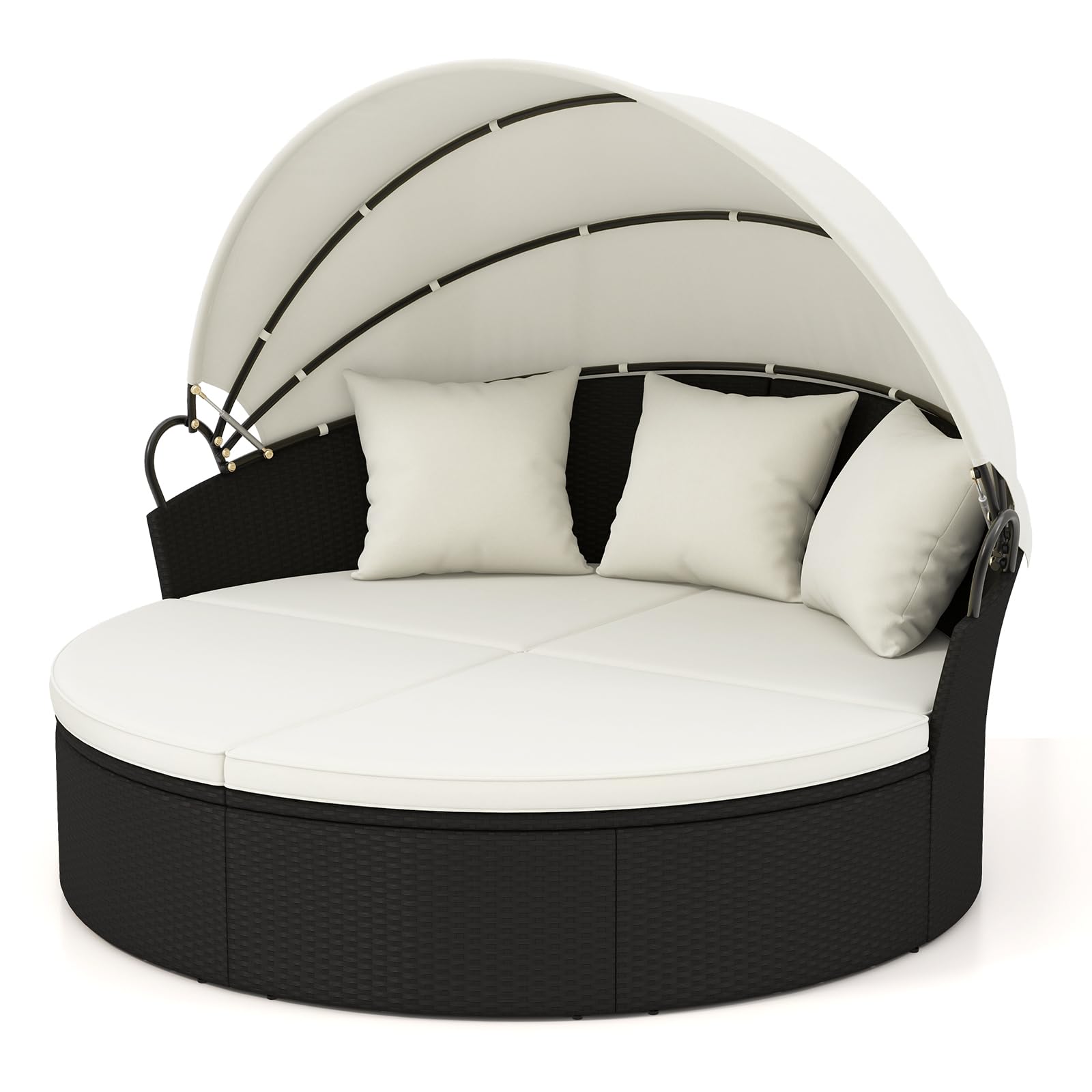 GIANTEX Lit de Jardin Extérieur Rond Ø187 cm en Rotin PE avec Auvent Rétractable, Canapé Lit Extérieur pour 2-3 Personnes, Ensemble Salon de Jardin avec Coussins(Beige)