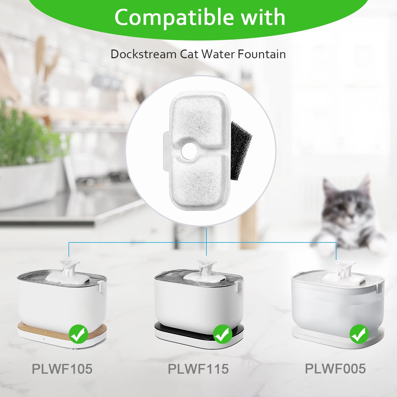 Filtri per fontana per gatti, confezione da 20 filtri di ricambio per fontane per gatti, compatibili con fontana Dockstream da 2,5 l, PLWF005/PLWF115/PLWF105 (10 filtri a tripla azione e 10 spugne)
