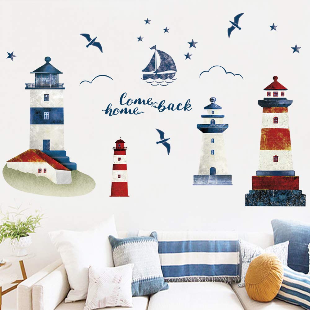 wondever Adesivi Murali Faro Mare Sticker da Muro Barca A Vela Nautico Adesivi da Parete per Camerette Bambini Camera da Letto Soggiorno