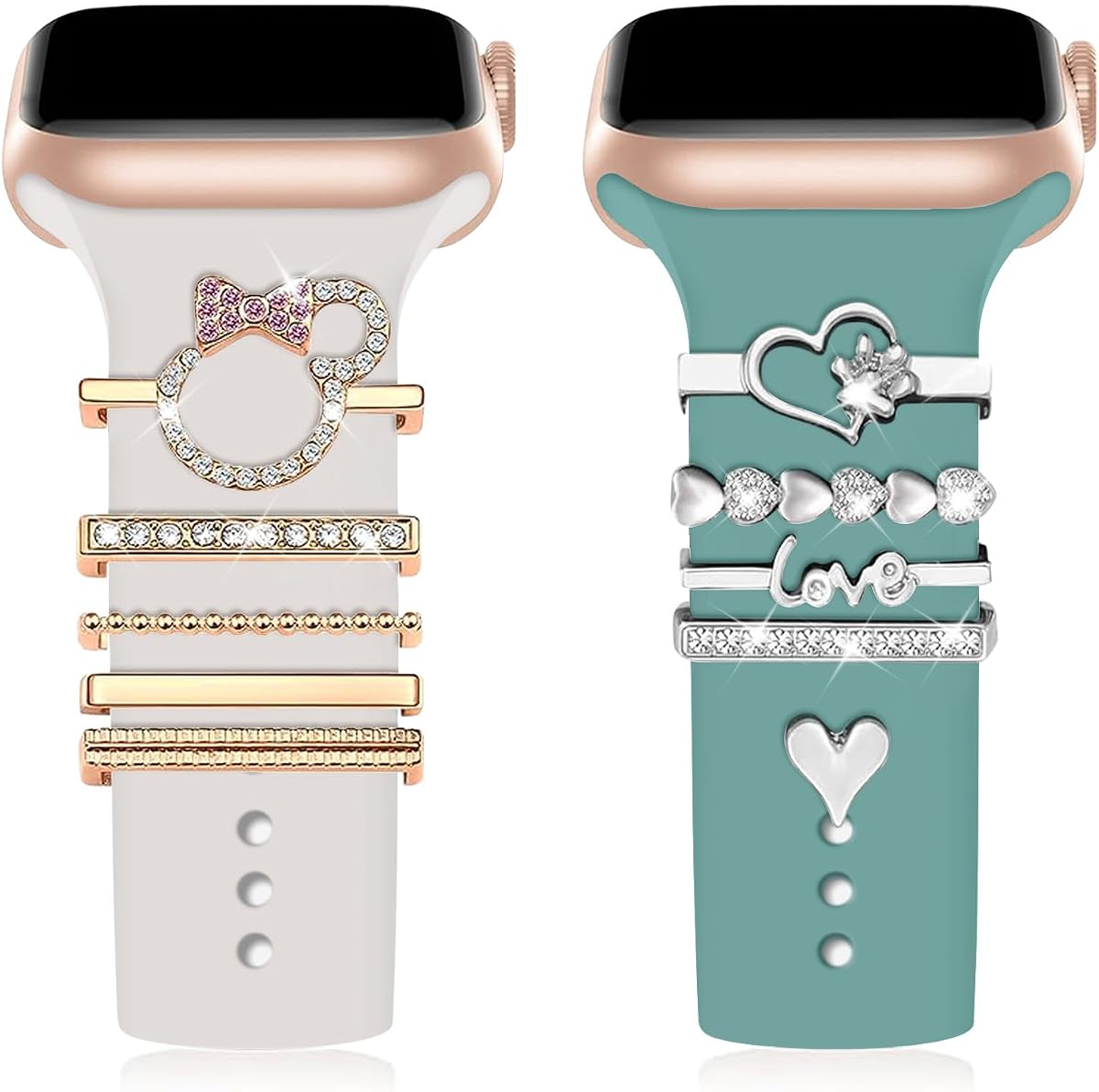 Charms para correa de reloj, eleva la correa de tu reloj con elegantes anillos decorativos compatibles con Apple Watch Band para iWatch Series 9 8 7 6 5 4 3 2 1, lindos dijes para reloj con diamantes de metal (sin banda
