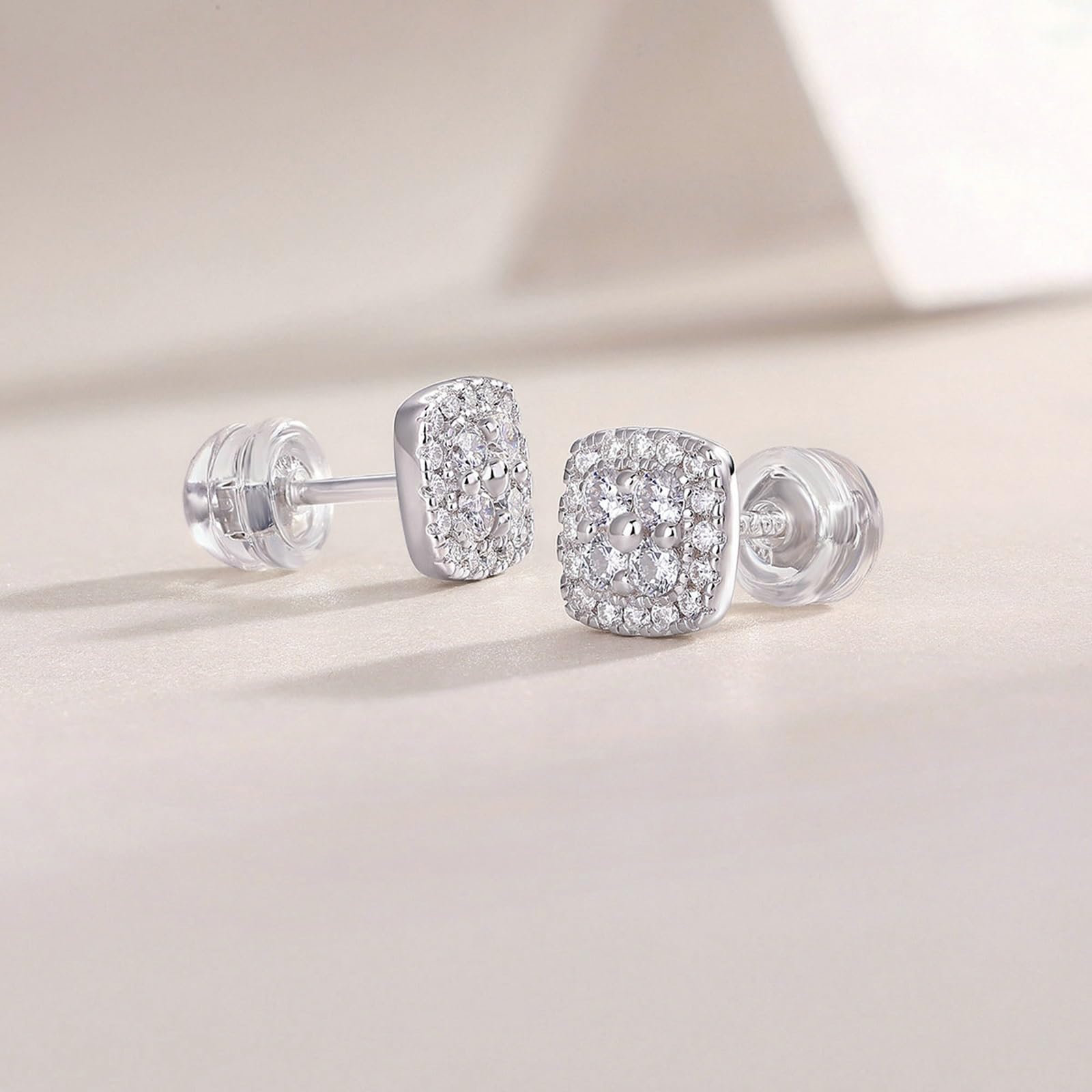 Orecchini a Lobo Donna 14K 585 Oro Bianco, Orecchino Lobo Donna Ipoallergenico Classici Design Quadrato con Moissanite Rotondi Orecchini a Bottone per Sposa Matrimonio