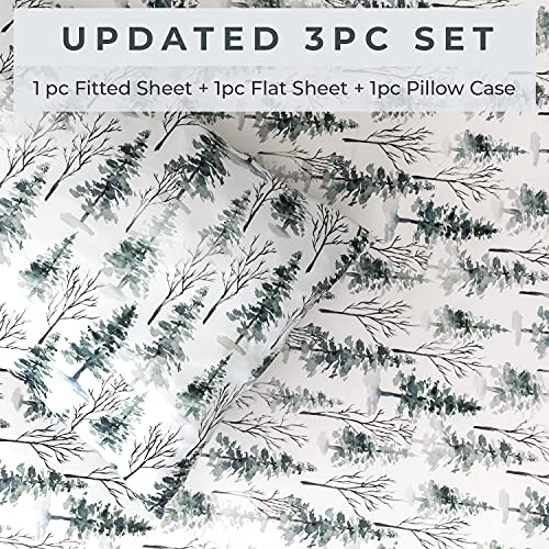 Image of Pobibaby Premium Twin Full Sheets Sets, Kids Double Bed Sheets in Cotton Blend | Ultra-Soft Woodland Camping Print with Fitted Sheet, Flat Sheet & Pillowcases (Twin Woods)