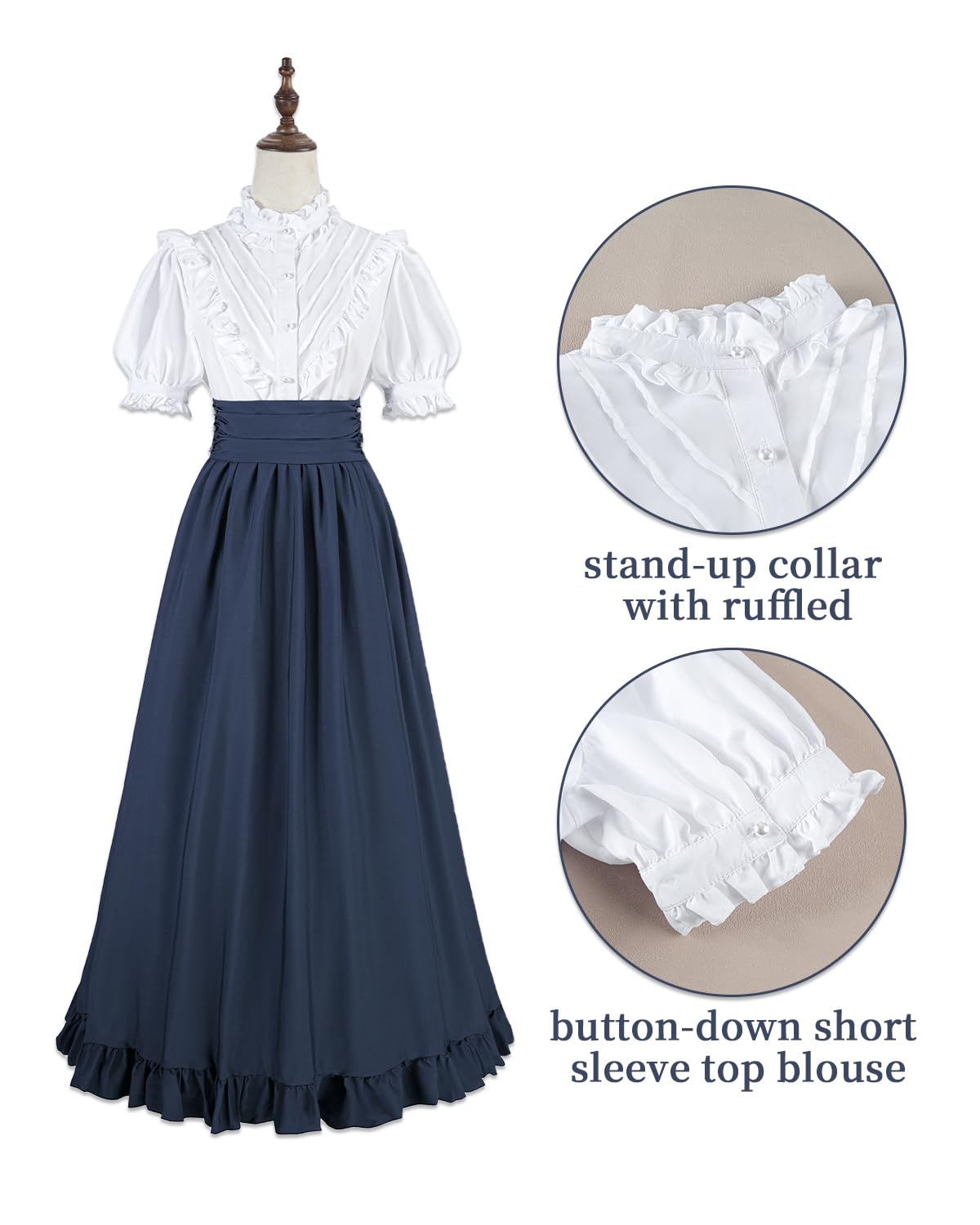 CR ROLECOS Women Victorian Dress Medieval Vintage Costume Ball Gown Dress Short Sleeves Victorian Blouse Renaissance Falda 2-Pieces Set S Navy Blue - Image 2