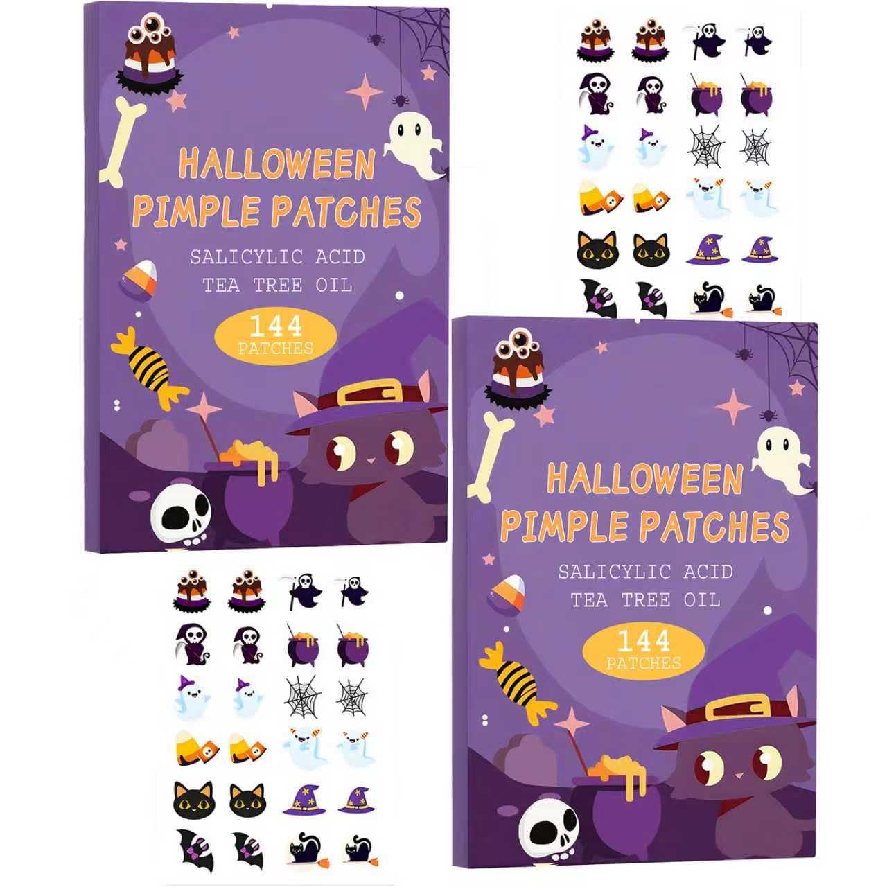 Halloween Acne Patches for Face144 Pcs -Tea Tree Oil Parches Para Acne Halloween Themed Design Zits Cystic Acne