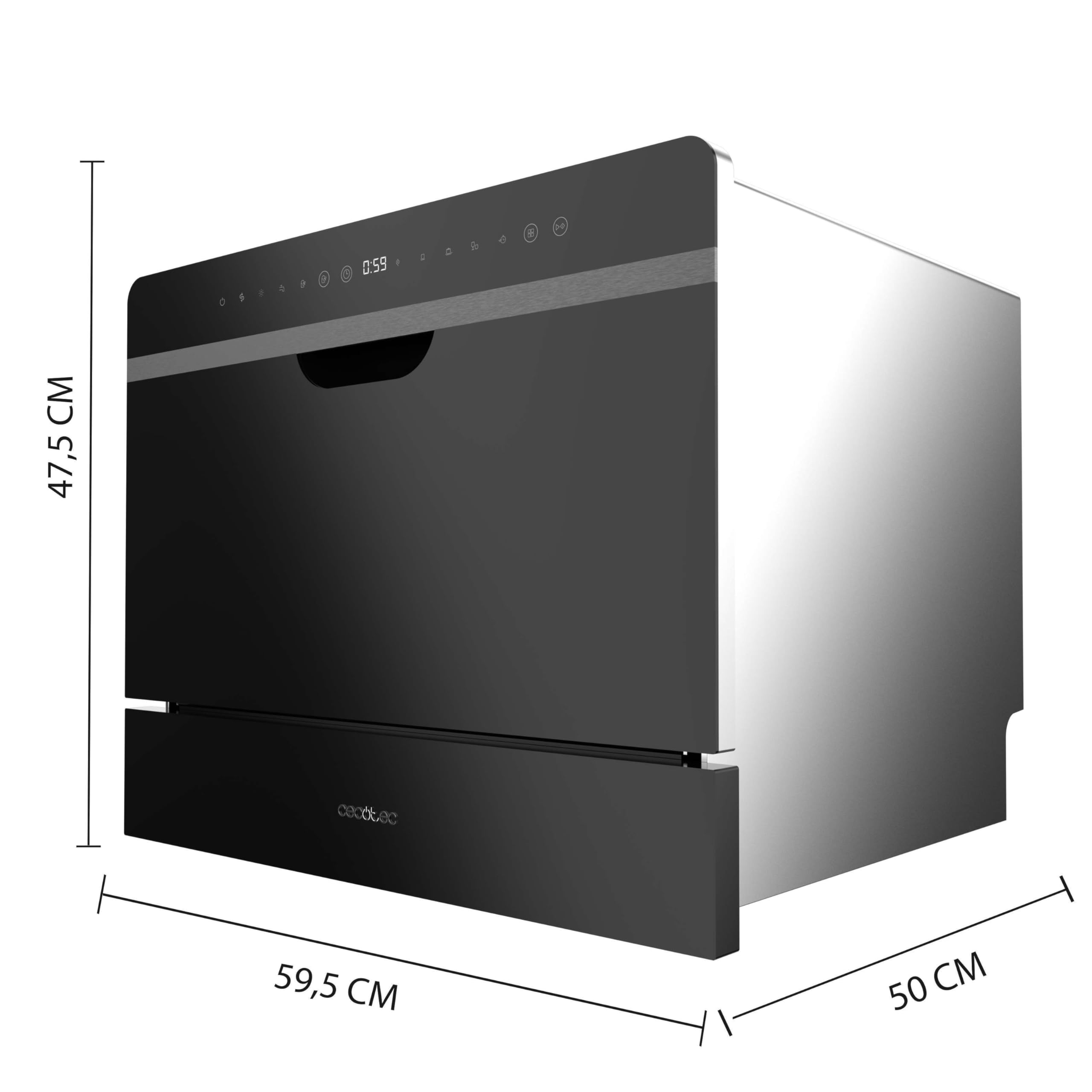 Cecotec Lavavajillas Compacto Semi Integrable 6 Cubiertos Bolero Aguazero 2500 S-BI Black Glass. 1380W, Acabado Cristal negro, Bajo Consumo, 5 Programas, Panel Táctil, Comienzo Diferido