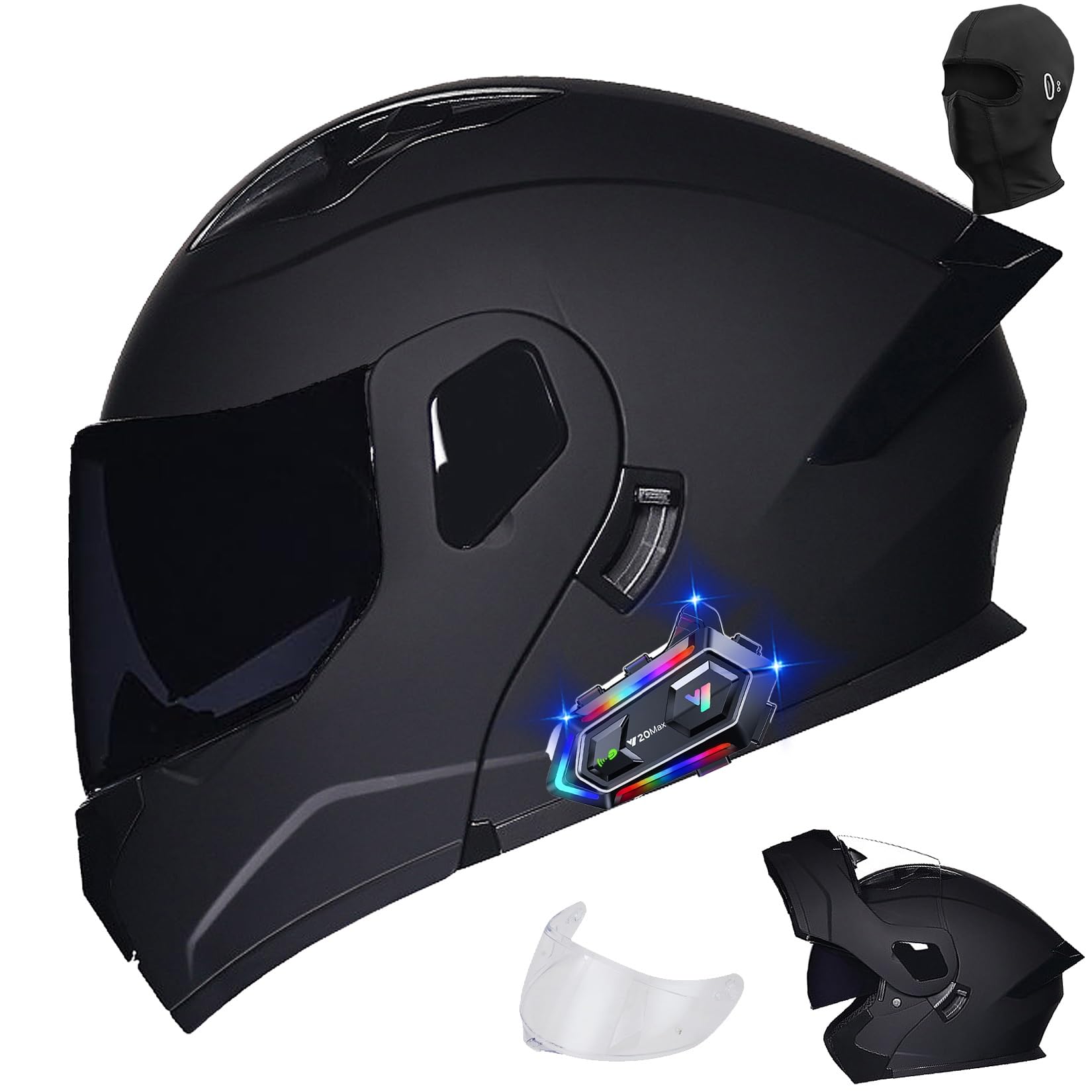 Bluetooth Integrated Modular Flip up Full Face Motorcycle Helmet Sun Shield