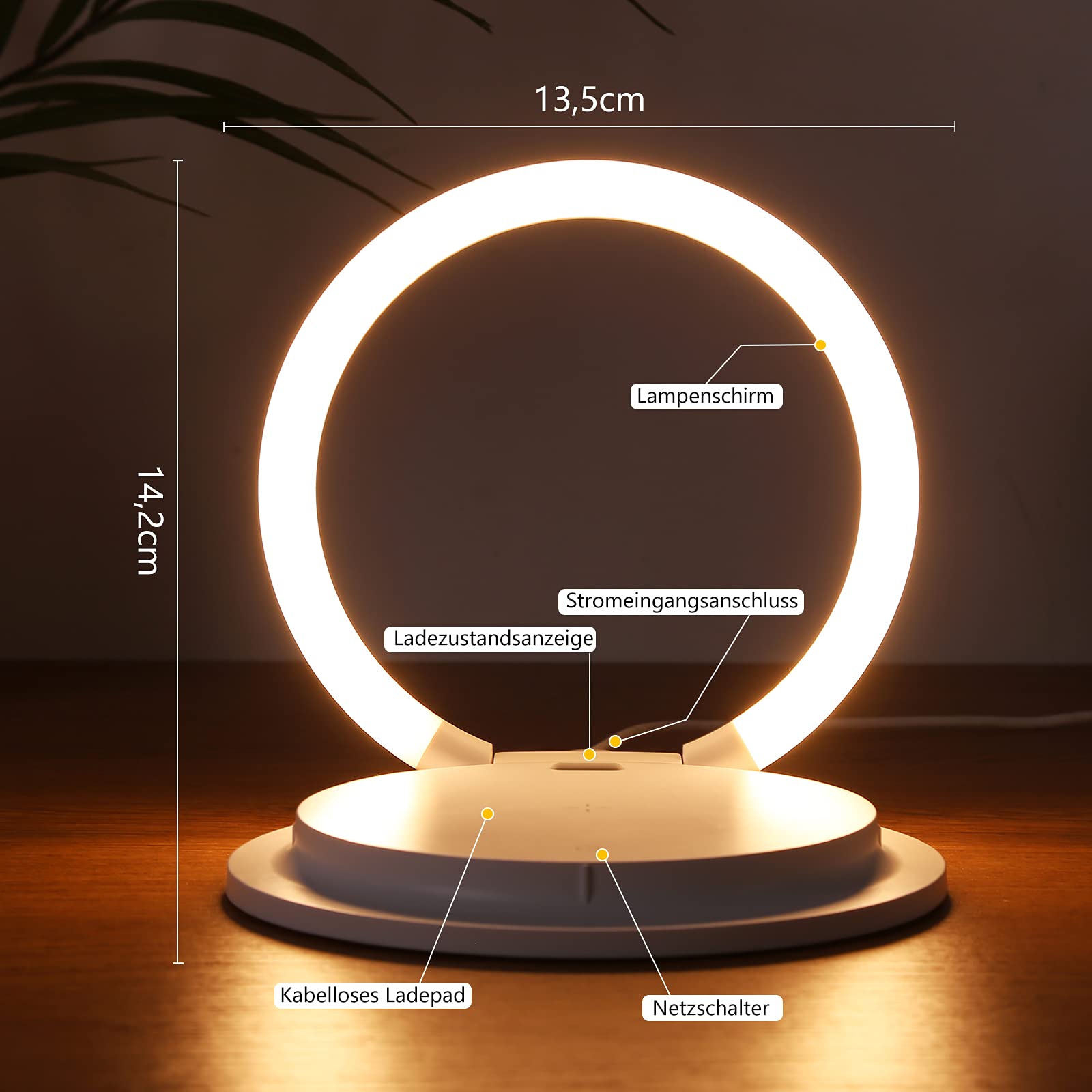 HTU Lampada da comodino a LED Touch dimmerabile con caricatore senza fili, moderna lampada da scrivania con 3 livelli di luminosità per bambini, luce notturna con supporto USB per cellulare