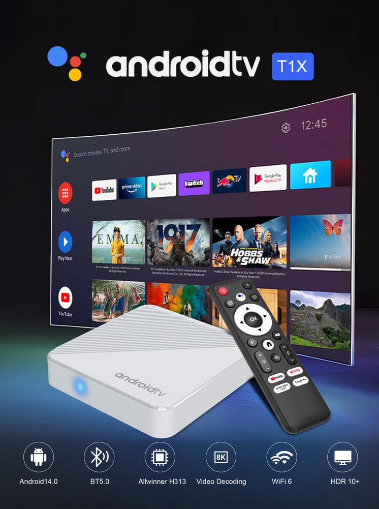 Décodeur TV Android 14.0, Mortal T1xtvbox Allwinner H313 Quad Core 64 Bits, Compatible HD 4K/ 3D/ H.265, Ethernet 2.4/5G, Double Wi-FI 10/100M, Bluetooth 5.0