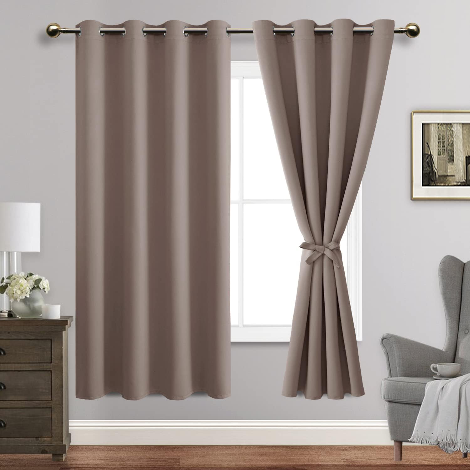 JIUZHEN Tan Blackout Curtains with Tiebacks - Thermal Insulated, Light Blocking and Noise Reducing Grommet Curtains for Bedroom and Living Room, Set of 2 Window Curtain Panels, 52 x 63 Inch Length 52"W x 63"L (Pack of 2) Tan