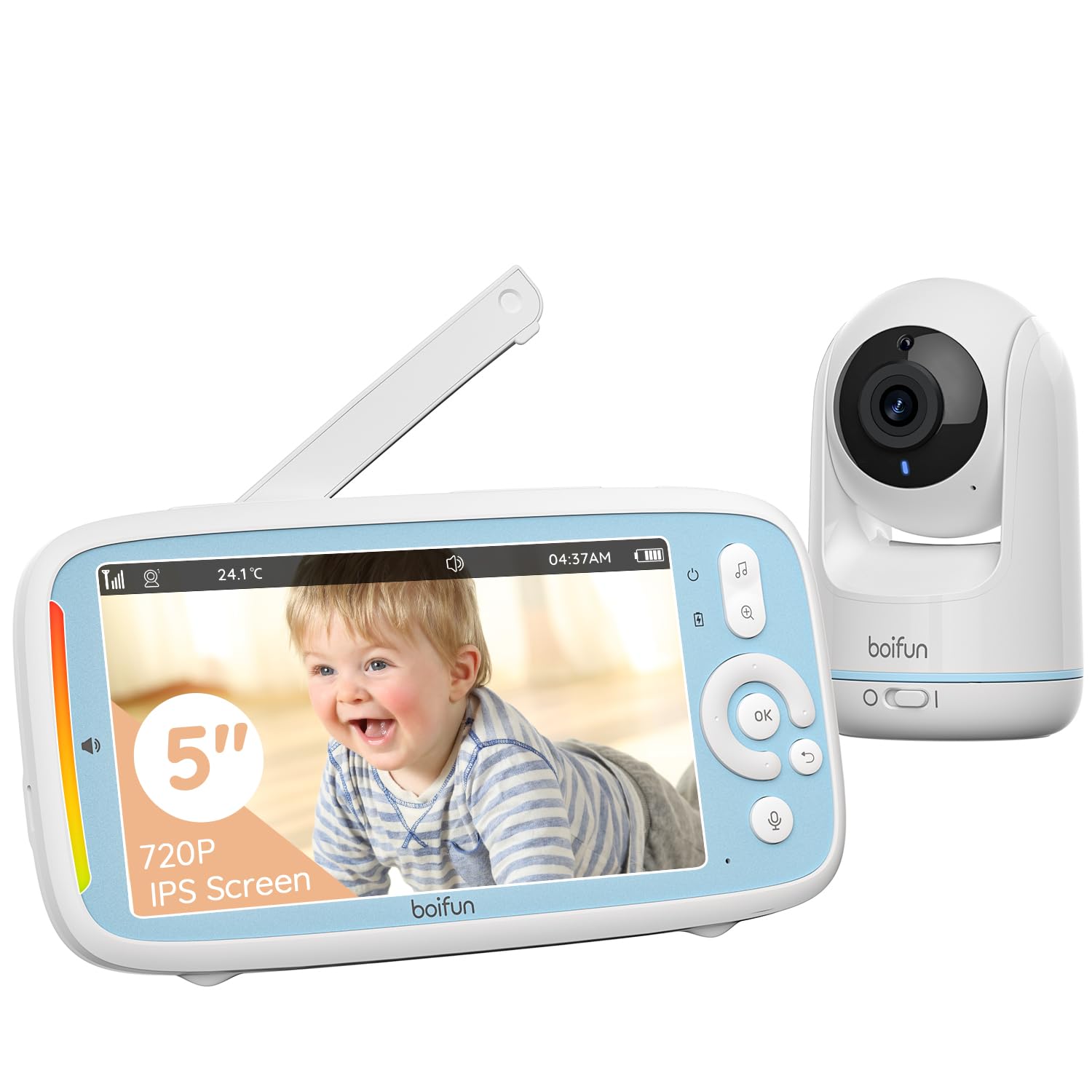 BOIFUN Baby Monitor con Telecamera Rotante 360° HD, Schermo IPS 5”, Audio Bidirezionale, Rilevamento Temperatura, Batteria 3050mAh, Zoom 3X, Visione Notturna,Modalità VOX, Ninne Nanne per Neonati