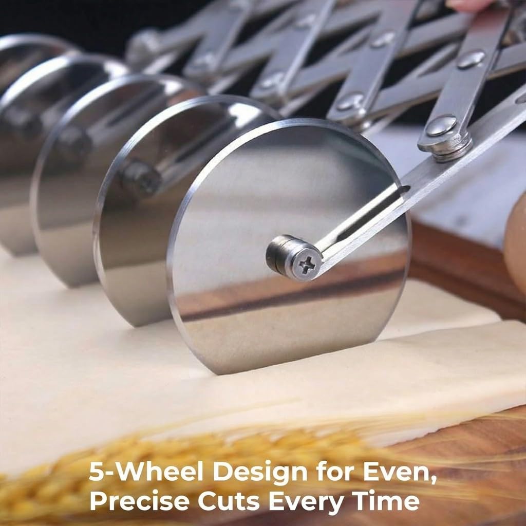 Tagliapasta – 5 ruote espandibili in acciaio per affettatrice per pasticceria multiuso, ideale per pizze, biscotti, pasticcini, ravioli, facile da usare, utensile da cucina