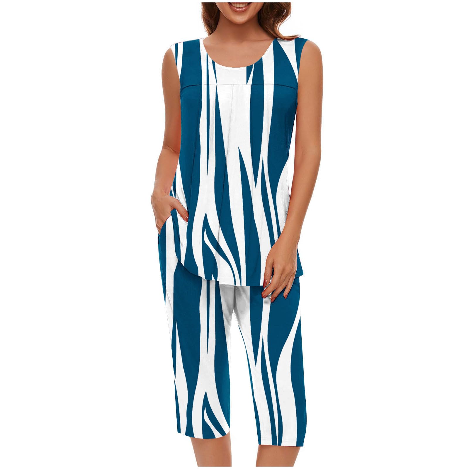 Pajama Sets for Women Summer Plus Size Lounge Sleepwear Loose Sleeveless Tops Printed Bermuda Shorts with Pockets — view 25