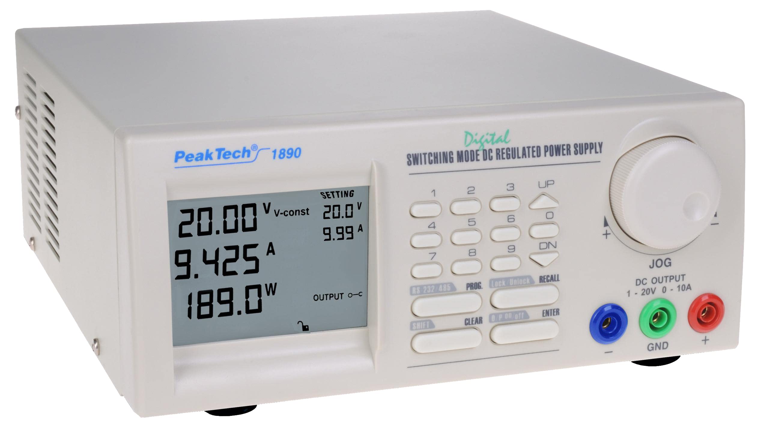 PeakTech P 1890 Programmierbares DC Schaltnetzteil 1–20 V 0–10 A mit 4-stelliger LCD Anzeige USB RS-232 RS-485 Labornetzgerät Überlastschutz PC Steuerung 90–265 V AC weiß 280 x 210 mm