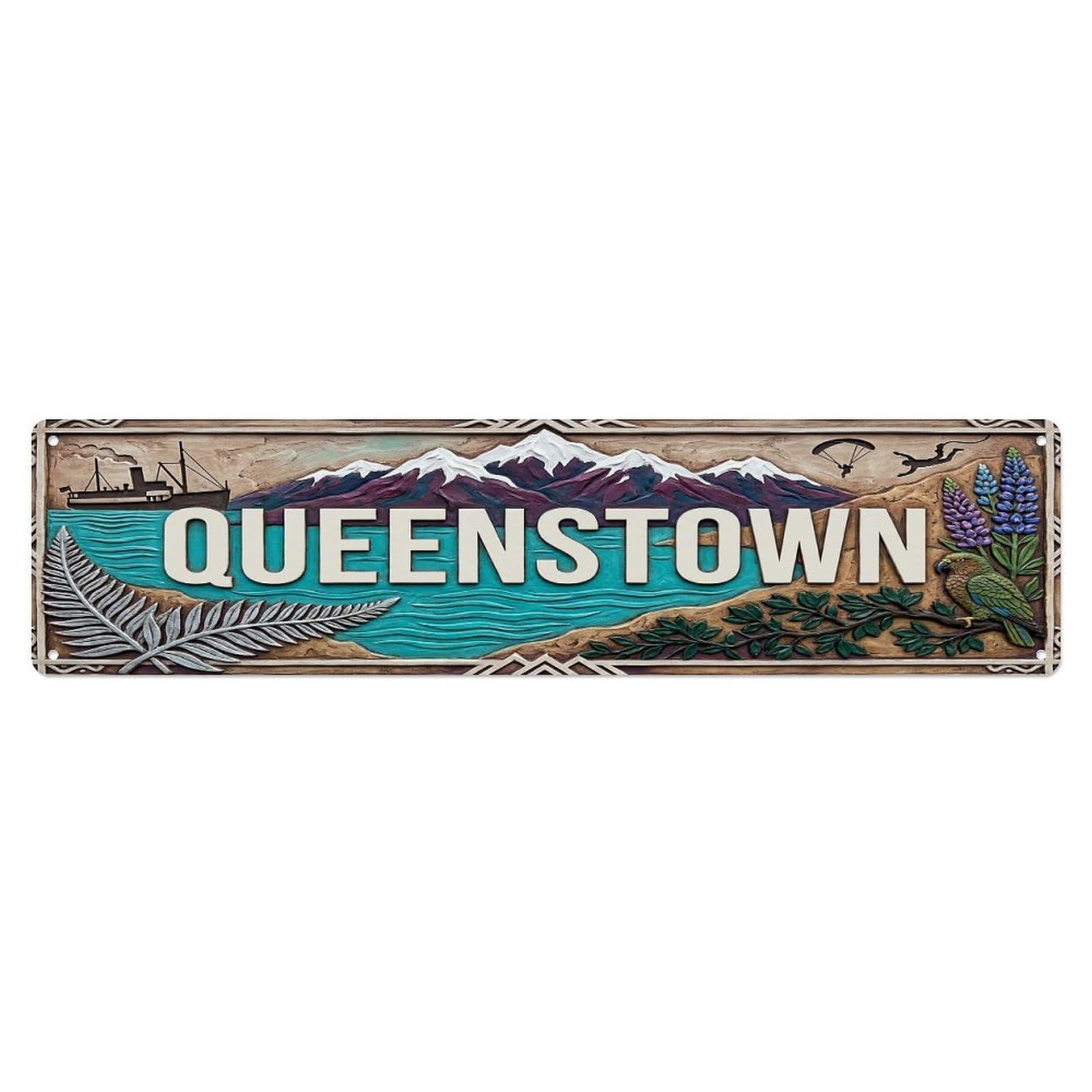 Cwbufd Vintage Style Vintage Queenstown New Zealand Flag Pattern Vintage Metal Tin Sign Plaque Wall Decor For Cafe, Club Bar, Office, Garden Metal Poster 4X16inch