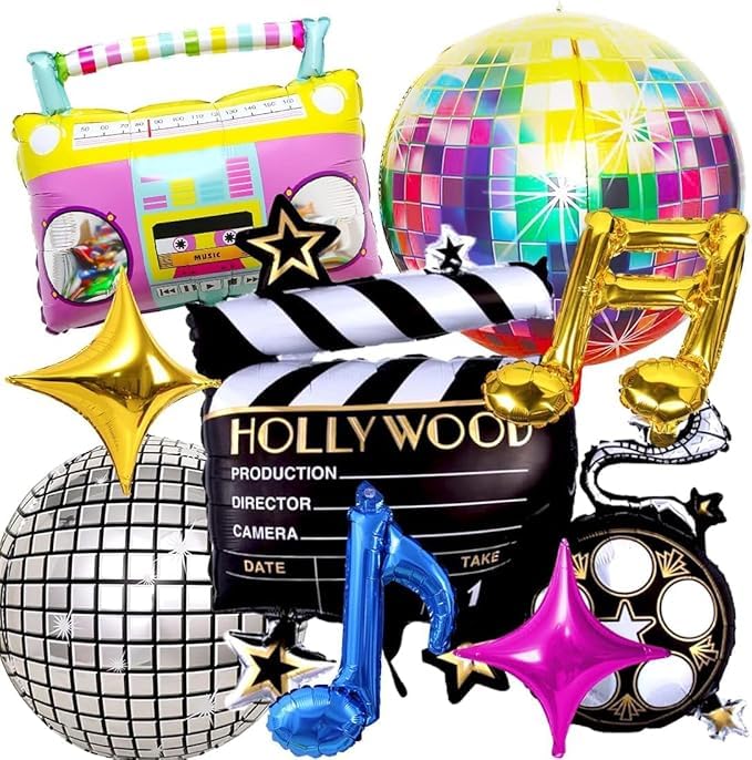 Jogo de decoração retro de festa de hip hop de 8 peças, rádio de balão, disco de balão, câmara, partitura, notas de rádio, balões de quatro cantos, adequado para temas dos anos 70, 80 e 90