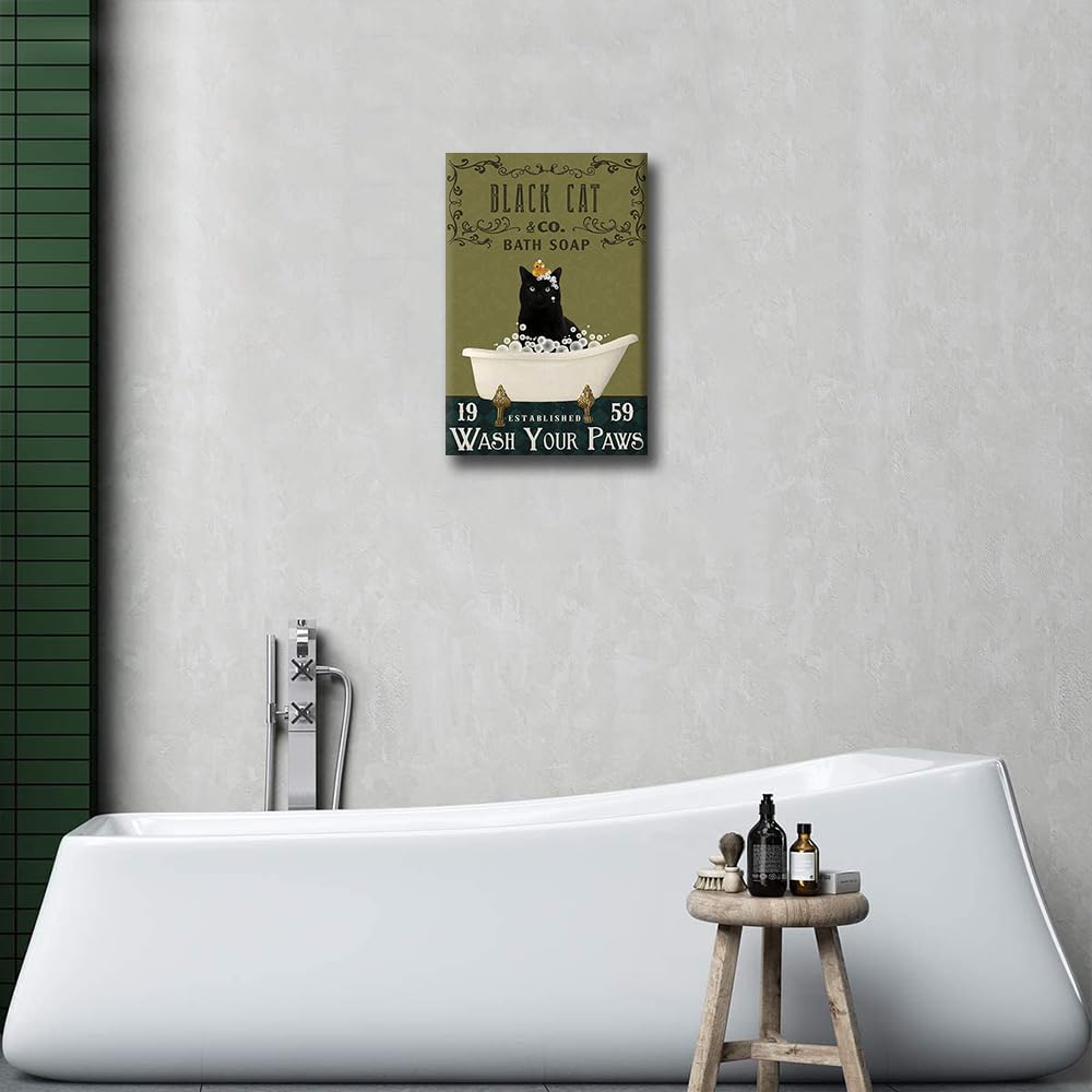 Black Cat Canvas Framed Horse Farmhouse Wall Art - Funny Bathroom Decor - Ready to Hang - 18" W x 12" H, Animals-31, 44L x 30W cm - Image 2