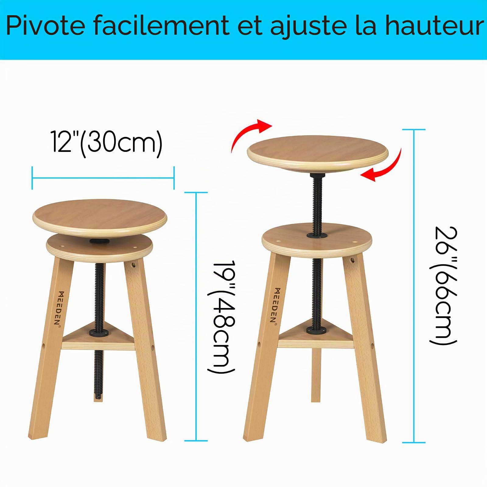 MEEDEN Tabouret de Peinture en Bois: 48cm-66cm Tabouret Réglable en Hauteur, Tabouret d'artiste, Tabouret d'art en Bois de Hêtre, Tabouret Pivotant, Parfait pour Le Studio, Bureau, Cuisine, Bars