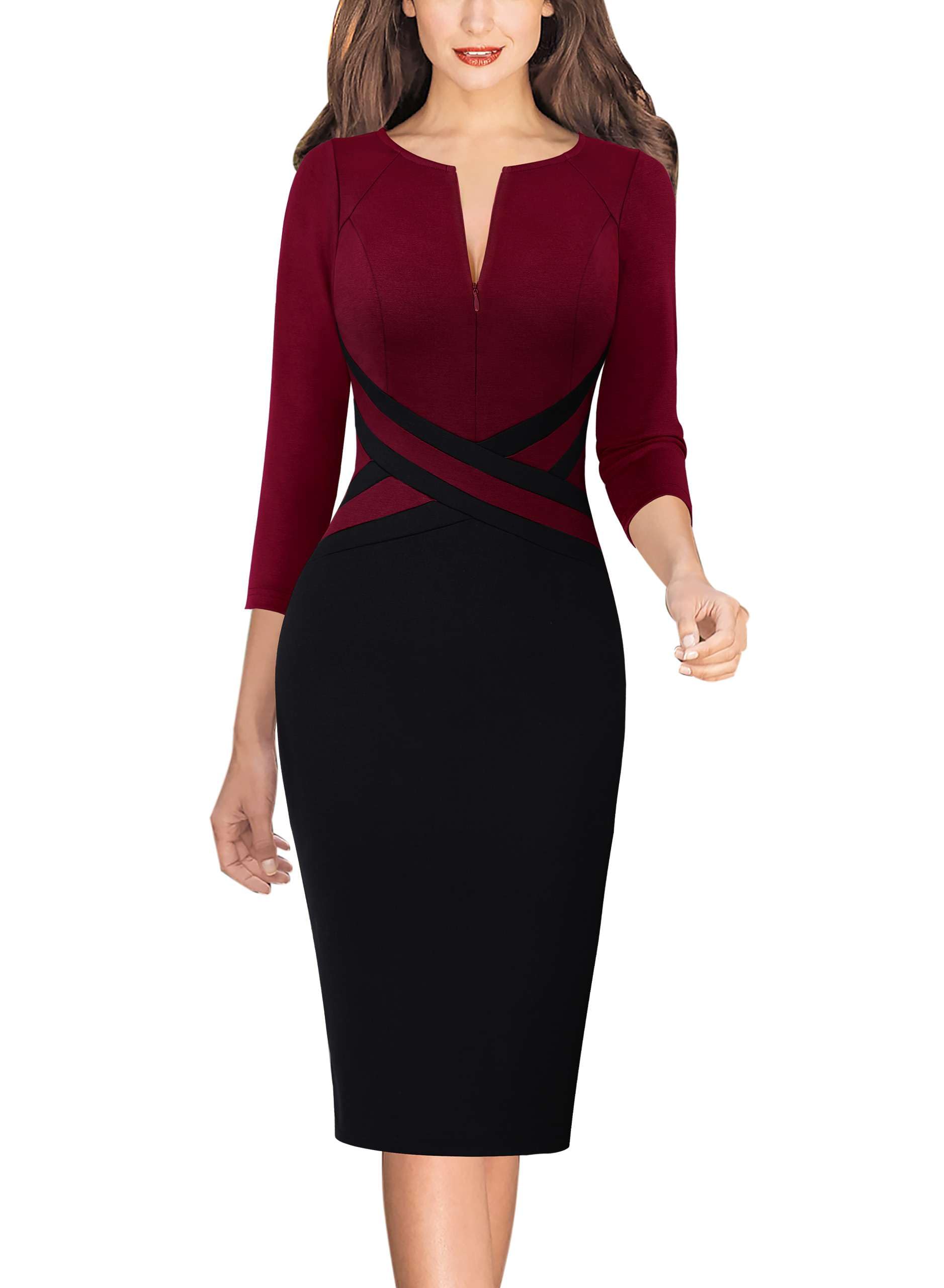 VFSHOW Womens Front Zipper Work Office Business Casual Church Sheath Dress
