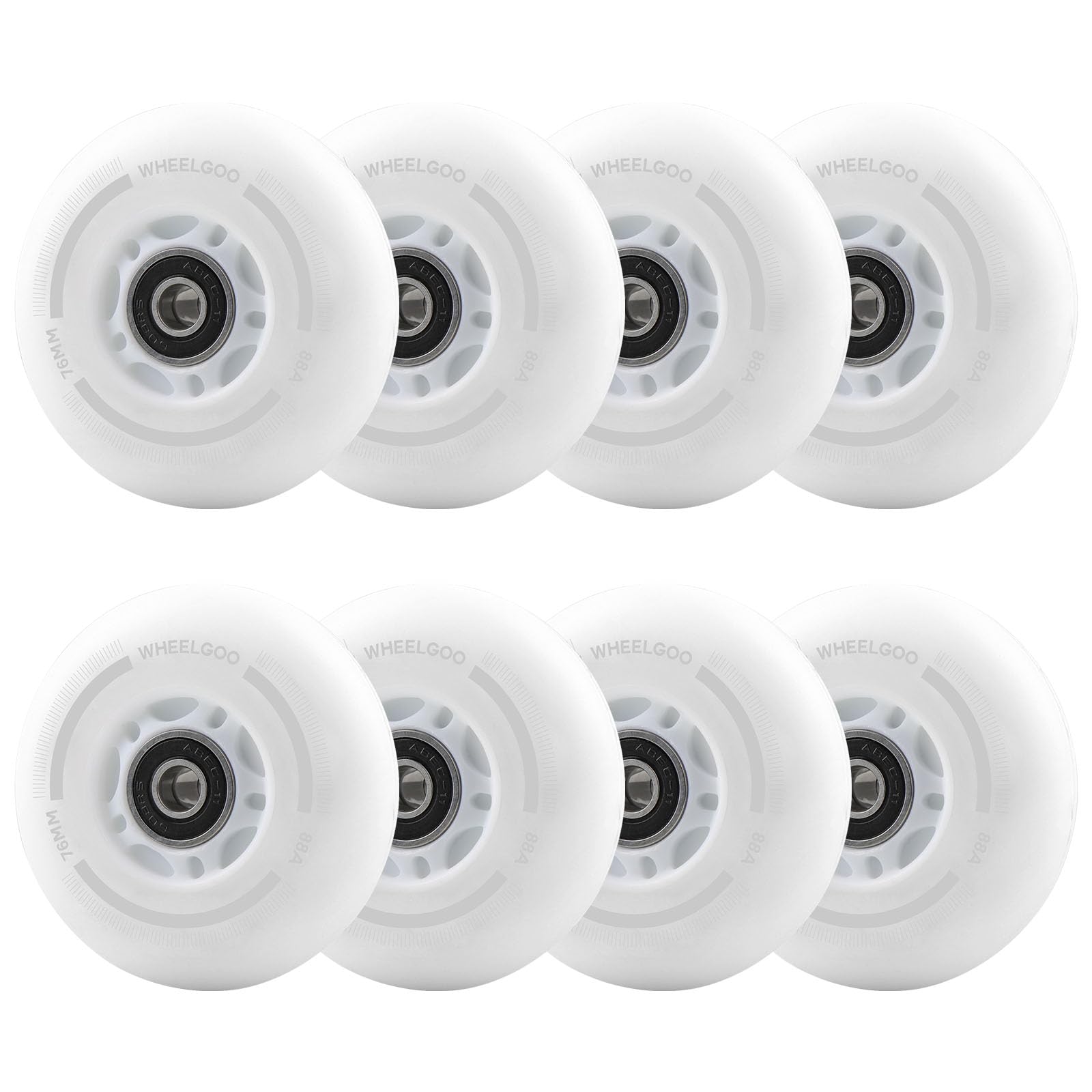 WHEELGOO 8-Pack LED Light Up Inline Skate Wheels for Kids & Teens, No Battery, PU Wheels with 608RS Bearings, Evening & Night Skating (White, 76mm)