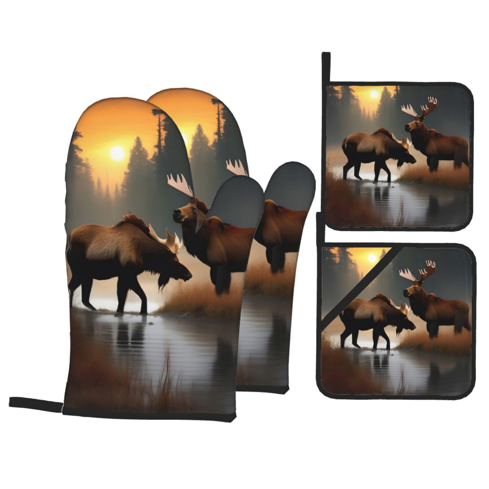 Deer Bear Moose Print 4-Piece Heat-Resistant Oven Waterproof Kitchen Gloves Cooking Roasting Essential