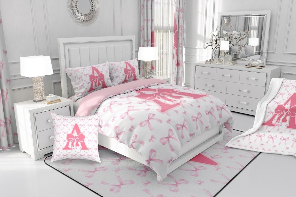 Feelyou Pink Bowknot Comforter Set All Season Initial A Bedding Set with 2 Pillow Cases Coquette Bows Microfiber Kids Full Bedclothes Monogrammed Bedroom Decor Duvet Quilt Breathable Soft Lightweight