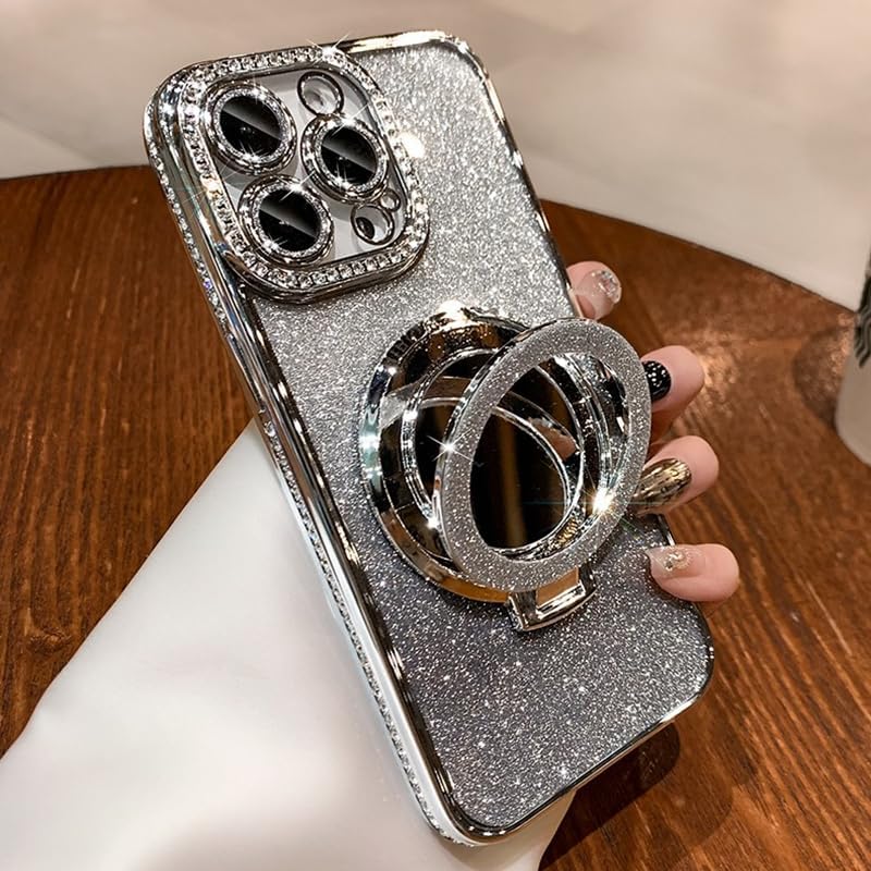 Mirror Kickstand Glitter Diamond Case for iPhone 15 14 13 12 Pro Max ,Magnetic Stand Holder ,Camera Lens Protector Compatible with Magsafe, Rhinesetone Bing Cover Case (silver,For iPhone 14 Pro Max) image 4