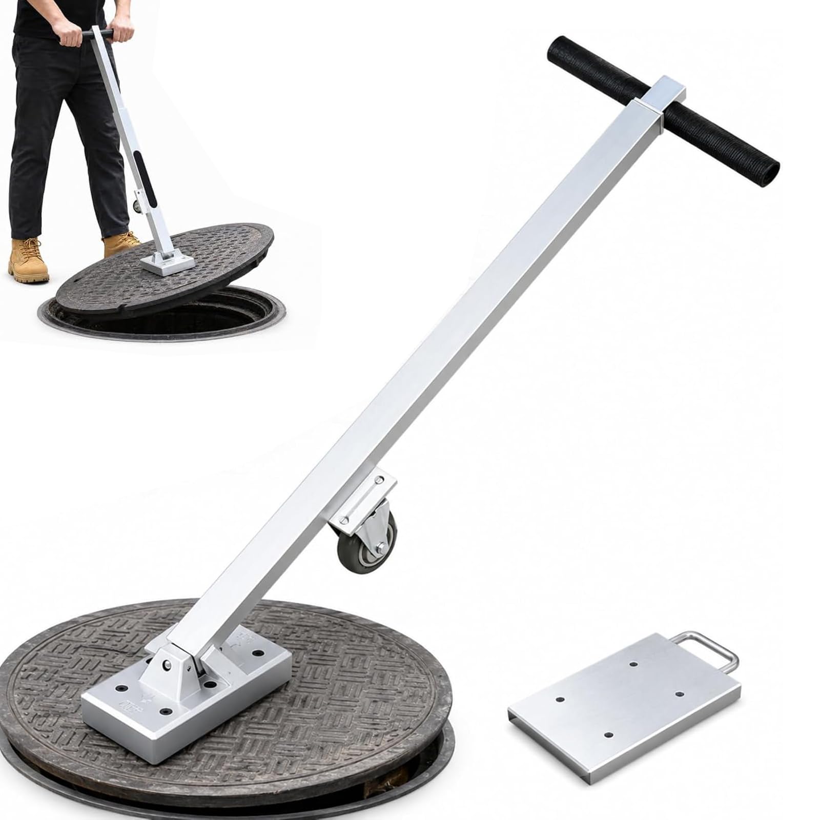 Sollevatore Magnetico per Coperchi di Tombini, Carrello in Acciaio per Il Sollevamento di Coperchi di Tombini, capacità di Trazione di 270 kg (595 Libbre), con Ruote E Maniglia Retrattile