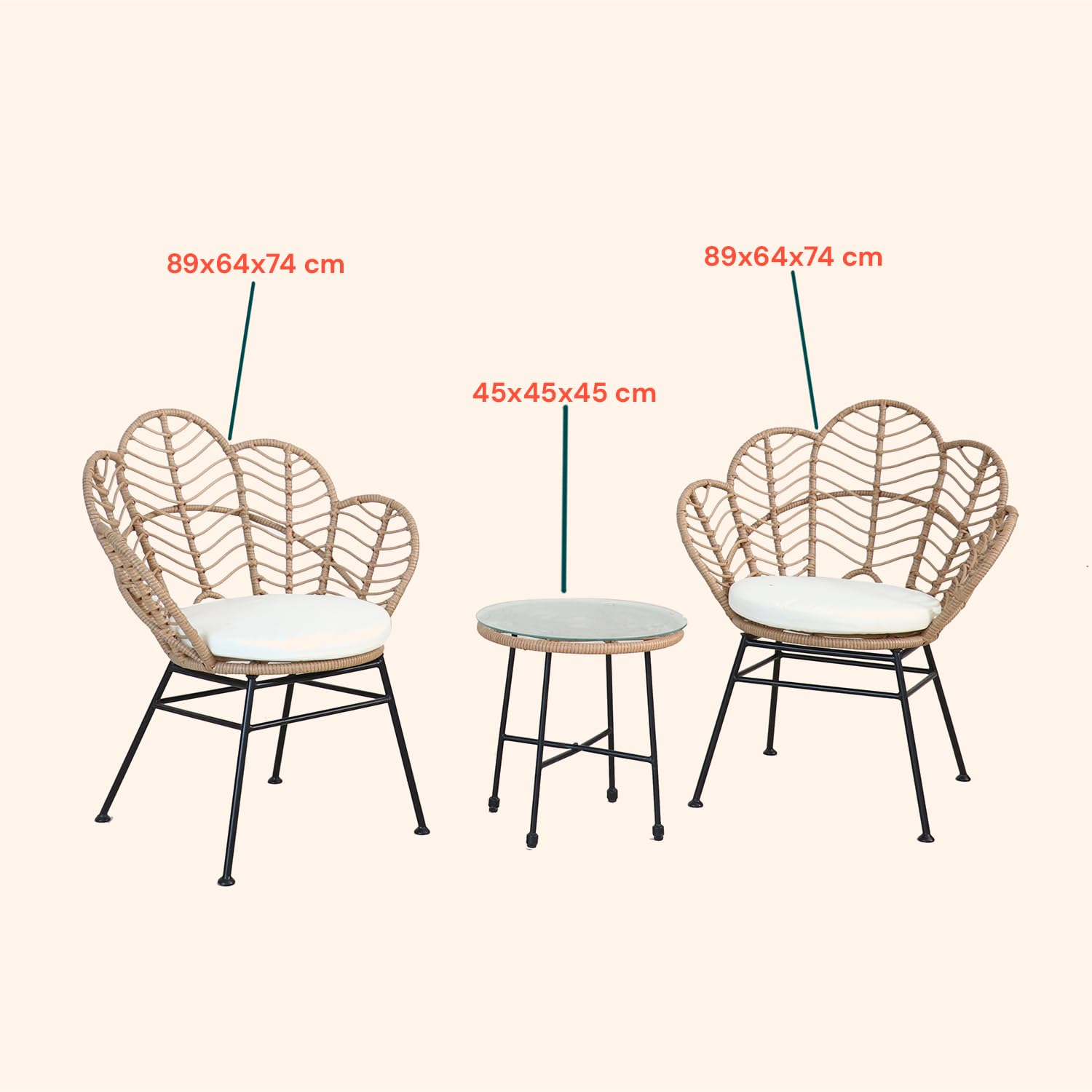 Juego de Mesa y sillas de Exterior de ratán sintético Natural con Estructura de Acero y Mesa con Cristal Templado, Juego de jardín Exterior para balcón, terraza o Patio